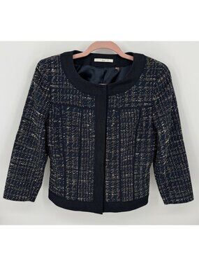 Elie Tahari Womens Navy Blue & Gold Tweed Blazer Jacket Size 8P